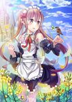  basket bird brown_eyes brown_hair building carrying cloud day detached_sleeves elf eurasian_tree_sparrow feathers flower long_hair looking_at_viewer maid maid_headdress myucel_foalan outbreak_company outdoors parted_lips petals pointy_ears qian_wu_atai sky smile solo sparrow twintails 
