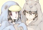  1girl animal_costume bird black_hair bluez chitanda_eru green_eyes hippopotamus hippopotamus_costume hyouka long_hair oreki_houtarou penguin penguin_costume purple_eyes short_hair viewfinder 