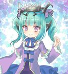  aqua_hair astaroth_(p&amp;d) bangs blue_bow blunt_bangs bow dress frilled_dress frilled_sleeves frills hair_ornament horns hoshino long_hair long_sleeves looking_afar purple_dress purple_eyes puzzle_&amp;_dragons smile solo tiara twintails upper_body 