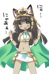  animal_ears bangs bastet_(p&amp;d) blunt_bangs blush bracelet bracer brown_hair cat_ears choker dark_skin egyptian egyptian_clothes green_eyes hair_ornament hoshino jewelry long_hair looking_up midriff navel necklace puzzle_&amp;_dragons simple_background skirt solo text_focus tiara translation_request white_background white_skirt 