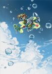  2girls aircraft black_footwear black_socks bow brown_hair cloud commentary_request day fairy_(kancolle) gloves green_bow green_skirt hair_bow headband headphones kantai_collection konno_takashi long_hair multiple_girls outdoors skirt sky socks twintails water_drop 
