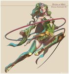  belt boots breasts commentary detached_sleeves earrings final_fantasy final_fantasy_iv green_eyes green_hair hair_ornament jamal_campbell jewelry jumping long_hair rydia sideboob small_breasts solo thigh_boots thighhighs weapon whip wide_sleeves 