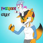  anthro art_trade blue_background canine clothing ear_piercing english_text equine for fox furrysona gradient green_eye hair horse hosendamaru invalid_tag male mammal multi-colored_hair original_character piercing plain_background pony rainbow shirt size_difference text 