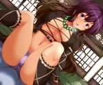  :&lt; armband bangs beads black_legwear blush breasts breath brown_hair buckle center_opening cleavage cross-laced_clothes crotch dutch_angle fat_mons futon gradient_hair hijiri_byakuren jewelry kneehighs lace lace-trimmed_panties large_breasts long_hair long_sleeves looking_at_viewer multicolored_hair navel necklace no_bra open_mouth panties puffy_long_sleeves puffy_sleeves purple_eyes purple_hair purple_panties shouji sitting sliding_doors solo spread_legs sunlight sweatdrop tatami touhou triangle_mouth underboob underwear very_long_hair wavy_hair yoriyuki_chiyo 