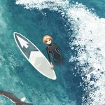  afloat androgynous bird black_eyes blonde_hair commentary cursor highres icon looking_up original pun solo surfboard water waves wetsuit yajirushi_(chanoma) 