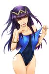  black_hair bracelet breasts competition_swimsuit covered_nipples fire_emblem fire_emblem:_kakusei highres jewelry licking_hand long_hair medium_breasts nail_polish one-piece_swimsuit pocari66 purple_eyes solo swimsuit tharja tiara tongue tongue_out twintails two_side_up white_background 