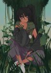  1boy absurdres adagumo_no_yaorochi against_tree akane_victoriano androgynous bare_shoulders black_hair black_shirt black_sleeves blue_sky blunt_bangs bottle_cap bush closed_mouth collared_socks commentary crossed_ankles detached_sleeves double-parted_bangs earthen_miraculous_sword expressionless full_body genderswap genderswap_(otm) grass green_jacket green_scarf grey_eyes hair_between_eyes hakama hakama_pants hand_on_lap hand_on_own_face highres holding jacket japanese_clothes jinbaori leaf len'en lips long_hair long_sleeves looking_to_the_side male_focus nostrils outdoors pants plant pom_pom_(clothes) purple_hakama red_scarf scarf shirt side_ponytail sitting sky sleeveless sleeveless_shirt socks solo sunrise tree under_tree very_long_hair vines white_socks wide_sleeves 