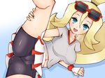  arm_support bike_shorts blonde_hair blue_eyes blush breasts breath cameltoe chro_(rulurullu) covered_nipples eyewear_on_head fingerless_gloves gloves grey_shirt high_ponytail highres koruni_(pokemon) long_hair looking_at_viewer lying medium_breasts navel on_side open_mouth pokemon pokemon_(anime) shirt simple_background skirt solo spread_legs sunglasses two_side_up very_long_hair 