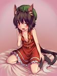  :3 animal_ears bare_shoulders black_legwear breasts brown_eyes brown_hair cat_ears cat_tail chen china_dress chinese_clothes collarbone dress fang green_hat hat kneehighs kusiyan looking_to_the_side mob_cap multiple_tails nekomata short_dress short_hair small_breasts socks solo tail touhou undressing 