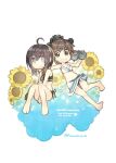  2girls ahoge arm_around_shoulder barefoot bikini binoculars black_bikini black_hair blue_eyes brown_hair chibi commentary_request fang flower kantai_collection konno_takashi looking_at_viewer multiple_girls open_mouth sarong shigure_(kancolle) short_hair side-tie_bikini_bottom skin_fang sunflower swimsuit white_bikini yellow_flower yukikaze_(kancolle) 