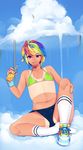  1girl bikini_top bottle cloud flat_chest highres lip_piercing loyproject my_little_pony my_little_pony_friendship_is_magic navel personification piercing pink_eyes pinky_out rainbow_dash rainbow_hair shoes short_hair short_shorts shorts single_shoe sitting smile sneakers socks solo tan tanline tomboy wristband 