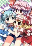  :d bat_wings blonde_hair blue_eyes blue_hair cirno fang flandre_scarlet hands_on_another's_head hat ice ice_wings leaning_forward mob_cap multiple_girls nagayama_yuunon open_mouth purple_hair red_eyes remilia_scarlet school_swimsuit short_hair side_ponytail skirt skirt_lift smile swimsuit swimsuit_under_clothes tears touhou wings 