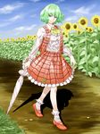  ankle_socks ascot blue_sky blurry closed_umbrella cloud day depth_of_field dirt_road field flower flower_field green_hair highres kazami_yuuka kazu_(rakugakino-to) long_sleeves looking_at_viewer mary_janes open_clothes open_vest outdoors pebble plaid plaid_skirt plaid_vest red_eyes shadow shoes short_hair skirt sky smile solo sunflower touhou umbrella vest walking 