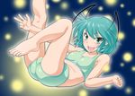  antennae barefoot feet genjirou green_eyes green_hair lying on_back open_mouth panties short_hair smile sports_bra symbol-shaped_pupils touhou underwear underwear_only v wriggle_nightbug 