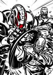  absurdres avengers battle big-d captain_america glowing glowing_eyes helmet highres marvel monochrome multiple_boys red_eyes robot shield spot_color steve_rogers superhero ultron 