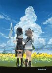  2girls black_hair black_skirt black_socks blue_sky brown_hair butterfly_net cloud day dress field flower flower_field from_behind hand_net hand_on_another&#039;s_shoulder headgear kantai_collection kneehighs konno_takashi long_sleeves multiple_girls outdoors pointing sailor_collar sailor_dress school_uniform serafuku shigure_(kancolle) shoes short_hair short_sleeves skirt sky socks standing sunflower white_dress white_sailor_collar yukikaze_(kancolle) 