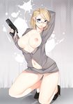  blonde_hair blue_eyes breasts dead_rising dead_rising_1 earrings glasses gun handgun high_heels highres jessica_mccarney jewelry large_breasts lips loyproject miniskirt navel nipples no_bra no_panties one_knee pistol pussy short_hair skirt solo trigger_discipline uncensored weapon 