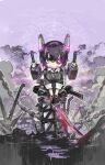  1girl black_footwear black_gloves black_thighhighs boots breasts chain character_name checkered_necktie chibi collared_shirt commentary_request crossed_legs eyepatch gloves hair_between_eyes headgear highres holding holding_sword holding_weapon kantai_collection konno_takashi necktie purple_hair rigging sharp_teeth shirt short_hair sitting sky solo sword teeth tenryuu_(kancolle) thighhighs weapon white_shirt yellow_eyes 