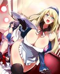  2girls admiral_(kantai_collection) apron ass atago_(kantai_collection) black_gloves black_hair black_legwear blonde_hair blue_eyes breasts brown_hair cleavage curvy downscaled gen_(black_factory) gloves hanging_breasts hat highres huge_breasts jpeg_artifacts kantai_collection long_hair looking_at_viewer looking_back md5_mismatch military military_uniform multiple_girls naked_apron naval_uniform no_panties open_mouth red_eyes resized short_hair sideboob smile takao_(kantai_collection) thighhighs tray uniform waitress 
