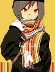  buttons coat frown gloves grey_hair hat hms_conqueror hms_conqueror_(siirakannu) kantai_collection lion long_sleeves orange_eyes original personification royal_navy scarf short_hair siirakannu solo strap striped striped_scarf text_focus upper_body white_gloves yellow_background 