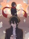 1boy 1girl arm_behind_back balcony black_jacket black_sailor_collar black_shirt brown_eyes brown_hair closed_mouth gakuran hand_on_own_arm highres jacket kagerou_project kisaragi_shintarou long_sleeves looking_to_the_side nyan_o2 origami paper_crane red_scarf sailor_collar scarf school_uniform shirt smile sunset tateyama_ayano 