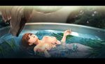  71 afloat bath bathing bathtub breasts brown_eyes brown_hair earrings fine_art_parody flower jewelry kaze_no_tani_no_nausicaa large_breasts letterboxed lying nausicaa nipples nude on_back ophelia_(painting) parody partially_submerged short_hair smile solo water wet 