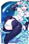  aqua_eyes aqua_hair ass bare_shoulders boots breasts detached_sleeves hatsune_miku highres legs_together long_hair loyproject necktie panties platform_footwear platform_heels salute skirt small_breasts smile solo star starry_background striped striped_panties thigh_boots thighhighs twintails underwear very_long_hair vocaloid 