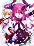  ahoge blonde_hair blue_eyes detached_sleeves elizabeth_bathory_(fate) elizabeth_bathory_(fate)_(all) fate/extra fate/extra_ccc fate_(series) flat_chest green_eyes horns long_hair microphone multiple_girls nero_claudius_(fate) nero_claudius_(fate)_(all) one_eye_closed pink_hair pointy_ears yude 