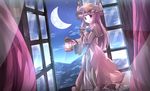  bow crescent_moon hair_bow hair_ornament hat highres holding lantern long_hair mob_cap moon night night_sky open_window parted_lips patchouli_knowledge purple_eyes risutaru sky solo touhou wind window 