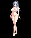  1girl absurdres bare_shoulders barefoot bishop_(company) black_background blue_hair bra breasts cleavage feet hair_ribbon highres hips huge_breasts legs long_hair looking_at_viewer navel panties phi pink_eyes ponytail ribbon silicon_magic simple_background smile solo standing strapless_bra thighs toes underwear 