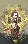  1girl black_footwear bow bowtie breasts character_name chibi chimney closed_eyes cloud dress facing_viewer glaive_(polearm) gloves halo highres holding holding_polearm holding_weapon kantai_collection konno_takashi long_sleeves mechanical_halo medium_breasts open_mouth polearm purple_hair red_bow red_bowtie rigging shoes short_hair sitting sky solo tatsuta_(kancolle) torpedo_tubes water weapon 