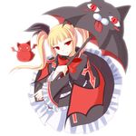  :3 :p animal_themed_umbrella bat bat_wings black_umbrella blazblue blonde_hair blush_stickers bow cat familiar gii hair_ribbon kusuri_(medicine) long_hair looking_at_viewer nago rachel_alucard red_bow red_eyes red_wings ribbon tongue tongue_out twintails umbrella wings 