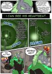 anthro beard belly bulge canid canine canis clenching clothing cobalt_beast comic construction_site crisis crisis_ch1 dialogue dust echolocation english_text facial_hair facial_horn green_eyes green_hair hair heart_beating horn latex latex_clothing latex_skinsuit male mammal muscular no_pupils nose_horn rhinoceros samaraka skinsuit slightly_chubby smoke solo sonarceros superhero_costume tail text tight_clothing wolf