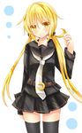  bad_id bad_pixiv_id black_legwear black_skirt blonde_hair crescent highres kantai_collection long_hair long_sleeves looking_at_viewer low_twintails necktie satsuki_(kantai_collection) school_uniform serafuku skirt solo thighhighs twintails yamine_kuro yellow_eyes 