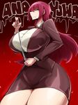  blazer breasts brown_eyes bursting_breasts curvy femdom formal highres huge_breasts long_hair nakatomo office_lady original red_background red_hair suit teacher thick_thighs thighs wide_hips 