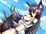 animal_ears bikini black_hair breast_hold breasts cleavage cloud day dress dutch_angle front-tie_top g_(desukingu) imaizumi_kagerou large_breasts long_hair looking_at_viewer md5_mismatch midriff navel open_clothes open_dress red_eyes side-tie_bottom sky solo strap_pull swimsuit tail touhou very_long_hair wolf_ears wolf_tail 