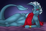  anthro blue_skin breasts dragon female holly_plant kurtassclear lakebound looking_at_viewer lying navel nipples nude open_mouth plain_background raised_tail red_eyes smile solo tail_ring wristband 