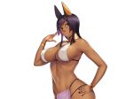  1girl animal_ears bangs bare_arms bare_shoulders black_hair breasts cleavage dark_skin erect_nipples game_cg hand_on_hip hand_up highres kasshoku_oriento_bijo_to_shujuu_seikou large_breasts looking_at_viewer lots_of_jewelry medium_hair nail_polish navel oohara_kyuutarou orange_eyes original puffy_areolae puffy_nipples revealing_clothes simple_background solo transparent_background upper_body 
