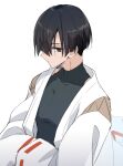  1boy alternate_costume atelier_(series) atelier_sophie_2 black_hair black_shirt closed_mouth commentary_request expressionless hair_between_eyes karasumi_(aiseec) long_sleeves looking_at_viewer male_focus olias_enders shirt short_hair simple_background solo upper_body white_background 