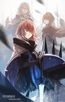  2boys artist_name bad_id bad_pixiv_id blurry cape copyright_name depth_of_field elbow_gloves fingerless_gloves gloves hands_on_hilt highres long_hair multiple_boys pantyhose pink_eyes pink_hair pixiv_fantasia pixiv_fantasia_fallen_kings short_hair sketch swd3e2 sword weapon wind 