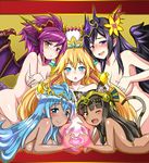  ;) andromeda_(p&amp;d) animal_ears aqua_eyes bastet_(p&amp;d) black_wings blonde_hair blue_eyes blue_hair blush breasts cat_ears cat_tail cover cover_page covering covering_breasts dark_skin demon_girl demon_wings doujin_cover egg fang feathered_wings flat_chest forehead_jewel forehead_protector gold_egg_(p&amp;d) green_eyes head_fins headgear heart heart_hands heart_hands_duo heterochromia highres large_breasts long_hair multiple_girls nude one_eye_closed persephone_(p&amp;d) purple_eyes purple_hair puzzle_&amp;_dragons sakuya_(p&amp;d) smile sonia_(p&amp;d) tail tiara wings yellow_eyes zaxwu 