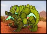 2_fingers 4_toes after_transformation barefoot belly_scales biped black_border blue_eyes blue_sclera border butt claws clothing desert detailed_background digitigrade dinosaur duo enjoying eyelashes feet female feral final_fantasy final_fantasy_xii finger_claws fingers forked_tail from_behind_position genitals green_body green_scales grey_claws horn identity_death ivanks leather leather_clothing long_neck long_tail long_tongue looking_down_at_partner looking_up_at_partner male male/female markings mental_transformation mounting nude open_mouth orange_eyes outside penelo penis plant prehistoric_species pupils questionable_consent rear_view reptile roaring scales scalie screencap screencap_background sex sharp_teeth shrub side_view slit_pupils snout species_transformation spots spotted_body spread_legs spreading square_enix standing stripes tail teeth thick_thighs toe_claws toes tongue tongue_out transformation unusual_anatomy unusual_tail vaan_(final_fantasy) wristband