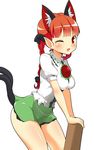  animal_ears bow braid breasts cat_ears cat_tail cosplay extra_ears fang hair_bow highres kaenbyou_rin kyokutou_hentai_samurai long_hair looking_at_viewer medium_breasts miniskirt multiple_tails nekomata one_eye_closed pointy_ears red_eyes red_hair reiuji_utsuho reiuji_utsuho_(cosplay) short_sleeves simple_background skirt smile solo tail touhou twin_braids white_background wide_hips 