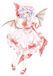  ascot bat_wings blue_hair brooch cocktail cocktail_glass cup dress drinking_glass fang hat hat_ribbon highres jewelry maru_usagi mob_cap open_mouth pink_dress red_eyes remilia_scarlet ribbon sash simple_background smile solo touhou white_background wings wrist_cuffs 
