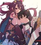  1boy 1girl armor atelier_(series) atelier_sophie_2 belt black_hair black_thighhighs breasts brown_belt cape closed_mouth crown diebold_lewerenz floating_hair hair_between_eyes hand_on_another&#039;s_head highres karasumi_(aiseec) knee_up large_breasts leotard long_hair long_sleeves looking_at_viewer low_twintails mini_crown profile purple_eyes purple_hair ramizel_erlenmeyer short_hair sitting smile sword thighhighs twintails weapon 