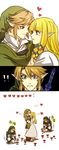  1girl 3boys bad_id bad_twitter_id blonde_hair blue_eyes dual_persona earrings gameplay_mechanics gloves hat heart jewelry kiru_(sorr5042) korean link long_hair multiple_boys pointy_ears princess_zelda smile sword the_legend_of_zelda the_legend_of_zelda:_skyward_sword the_legend_of_zelda:_twilight_princess weapon 