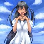  :d ^_^ bare_shoulders black_hair blush breasts captain_earth closed_eyes cloud dark_skin day dress fingers_together long_hair medium_breasts mutou_hana n-plus open_mouth sky smile solo steepled_fingers two_side_up very_long_hair 