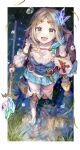  1girl :d absurdres artist_name atelier_(series) atelier_firis backpack bag blonde_hair blue_dress blurry boots border braid breasts brown_bag cleavage collarbone commentary_request dagger depth_of_field detached_sleeves dress firis_mistlud frilled_sleeves frills from_above grass green_eyes highres hitoba holding holding_staff holding_strap knife light_particles looking_at_viewer medium_breasts medium_hair open_mouth outside_border parted_bangs partially_submerged puddle sheath sheathed side_braid single_braid smile solo staff standing water water_drop weapon white_border white_sleeves 