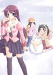  ameya_kirika backpack bag bakemonogatari black_eyes black_hair brown_eyes brown_hair hachikuji_mayoi hair_ornament hair_ribbon hairband hat kneeling long_hair looking_at_viewer mittens monogatari_(series) multiple_girls necktie pleated_skirt ribbon scarf sengoku_nadeko senjougahara_hitagi skirt snowing snowman twintails wind 