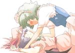  apron bad_id bad_pixiv_id blush braid green_eyes green_hair hand_on_another's_face izayoi_sakuya lying maid_apron maid_headdress multiple_girls non_(z-art) purple_hair red_eyes remilia_scarlet short_hair touhou yuri 